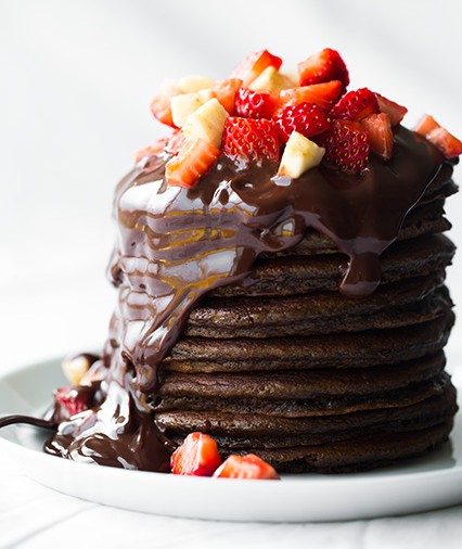 Homemade Chocolate Pancakes with Rich Sauce & Fresh Fruit